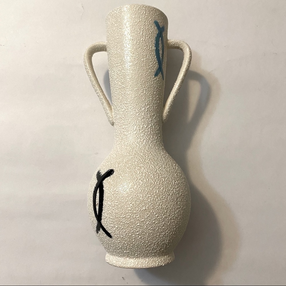 JAPANESE ceramic Vase 8in white blue black symbols